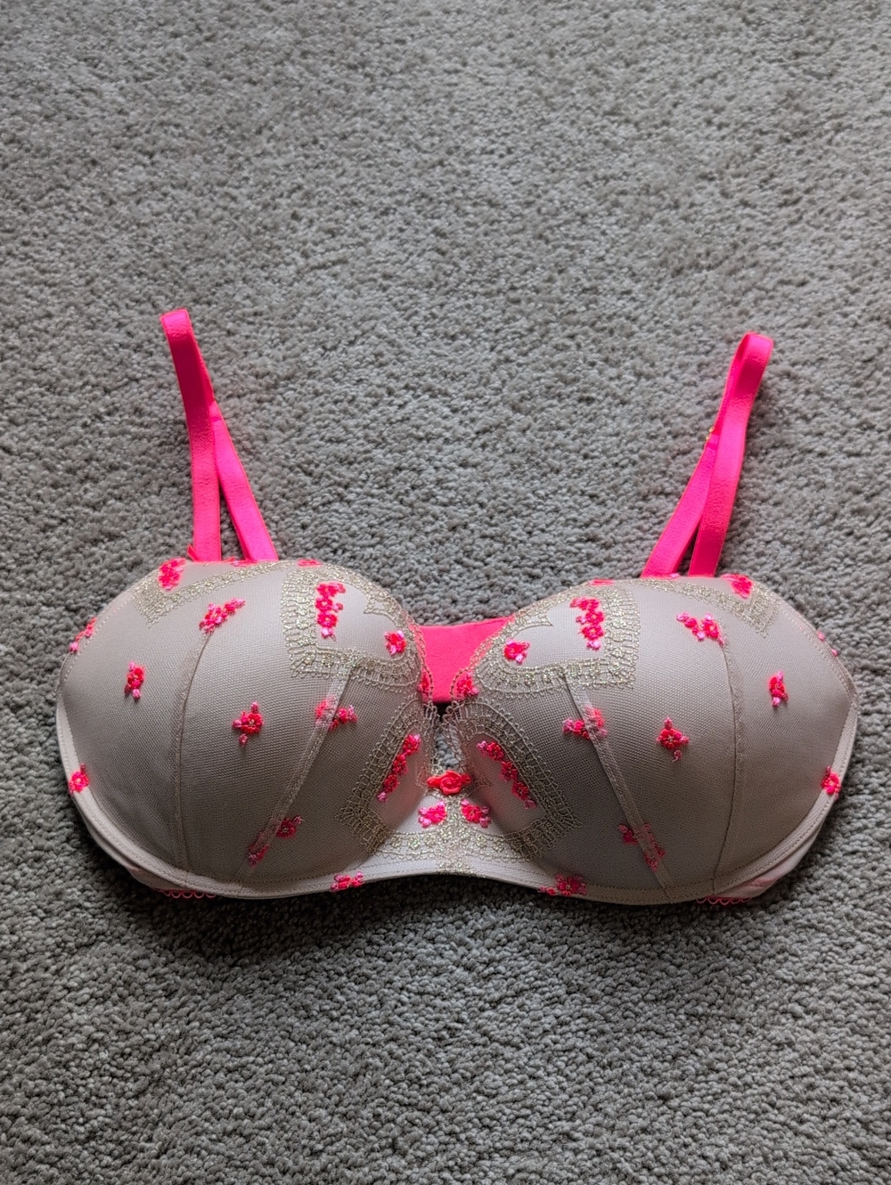 Victoria's Secret Nude Bra with Hot Pink Embroidery